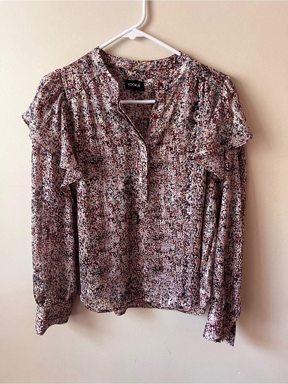 Kookai Multi-Color Speckled Ruffle Long-Sleeve Blouse